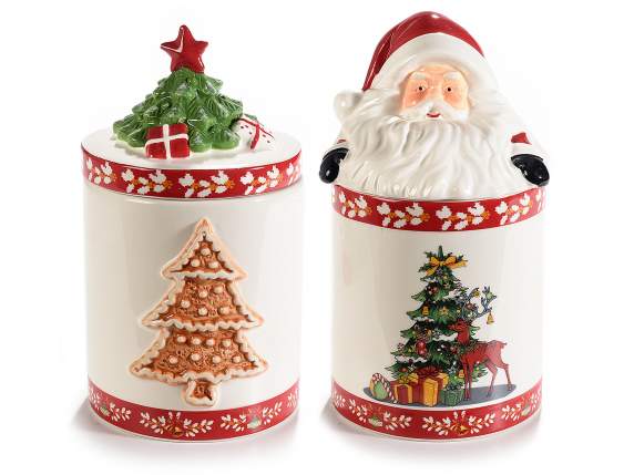 Barattolo in ceramica con Babbo Natale ed Albero di Natale