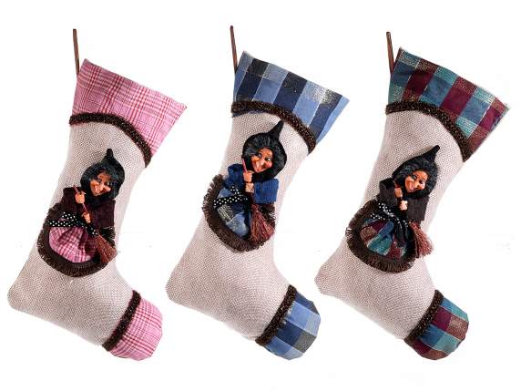 Chaussette en tissu avec résine Befana en relief à suspendre