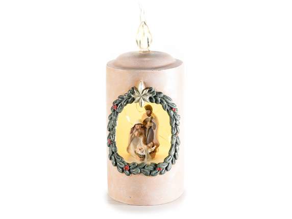 Battery-powered resin candle with Nativity scene and LED lig