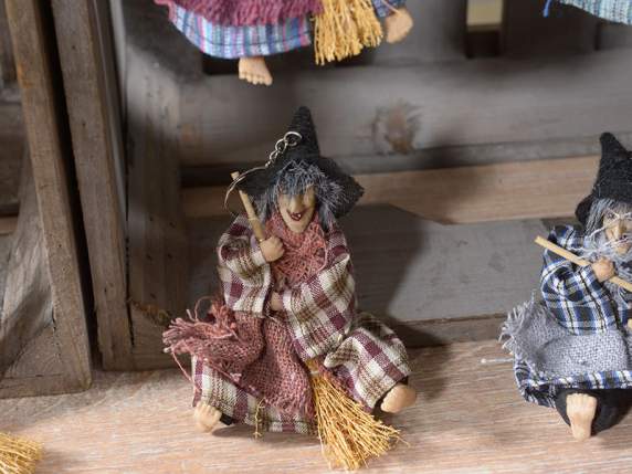 Keychain with Befana - witch in fabric and resin w - broom
