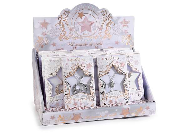Stars metal necklace with rhinestones in card and display