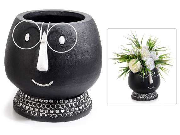 Black magnesia flower vase w / decorated face and glasses
