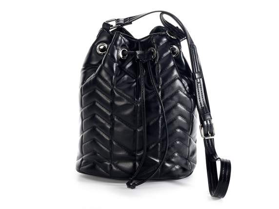 Black quilted leatherette bucket bag w / shoulder strap