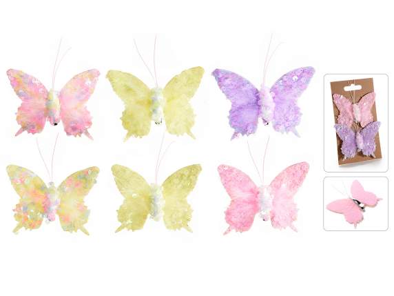 Blister avec 2 papillons en paillettes colorées avec clips