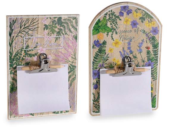 Porta bloc de notas de madera con estampado de hierbas y láp