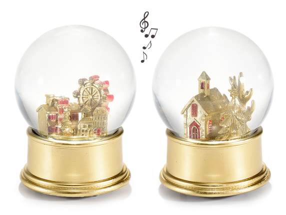 Boule à neige boîte à musique de Noël avec base dorée