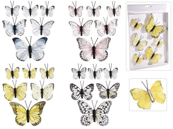 Boîte de 6 papillons assortis peints à la main avec clip en