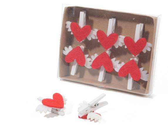 Boîte de 6 pinces à linge avec coeurs et ailes en tissu
