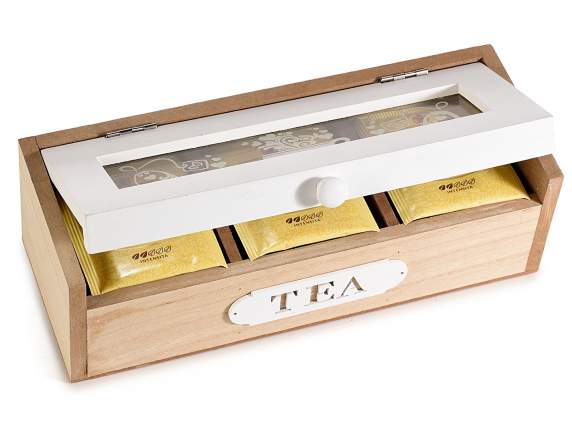 Boîte à thé en bois à 3 compartiments avec verre décoré