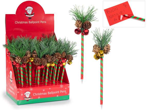 Bolígrafo navideño con piñas y campanas