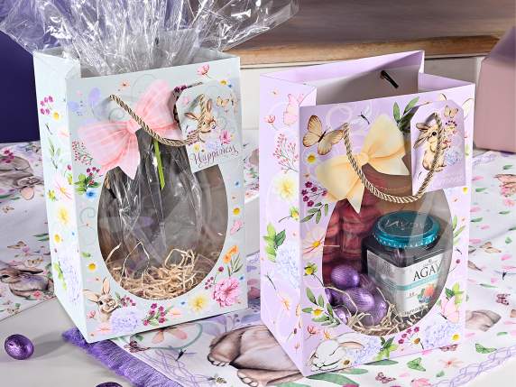Bolsa papel forma conejito con asas, ventana y etiqueta