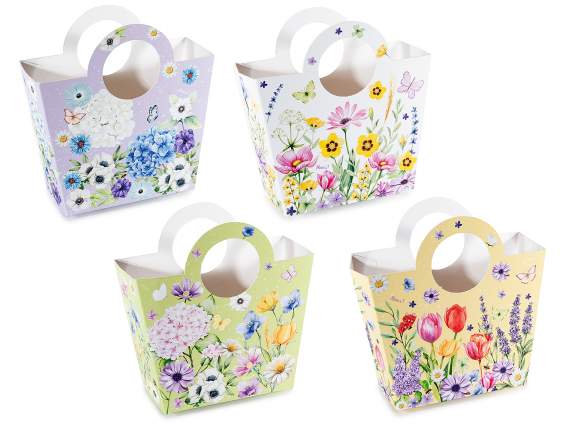 Bolsa-cesta de papel con asas y adornos florales