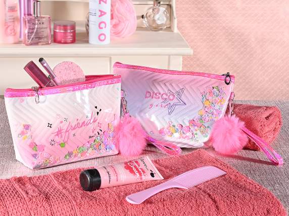 Bolsa de maquillaje con lentejuelas, pompón y cremallera