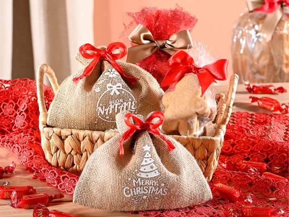 Bolsa de lona efecto yute con lazo y estampado navideño