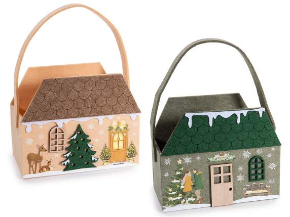Bolsa de tela forma de casa y adornos navideños en relieve
