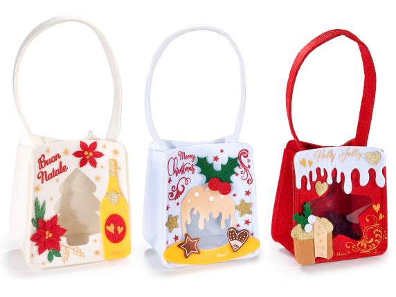 Bolsa de tela navideña con ventana y adornos en relieve