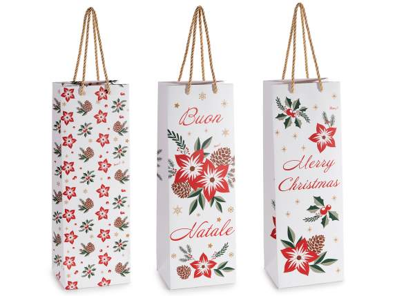 Bolsa portabotellas decorada con estrellas navideñas y asas