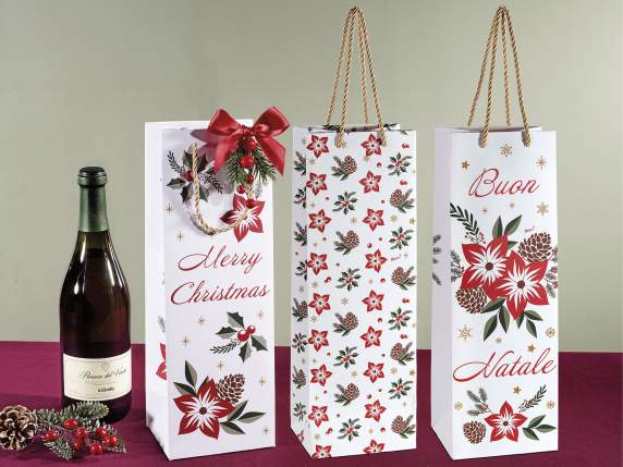 Bolsa portabotellas decorada con estrellas navideñas y asas