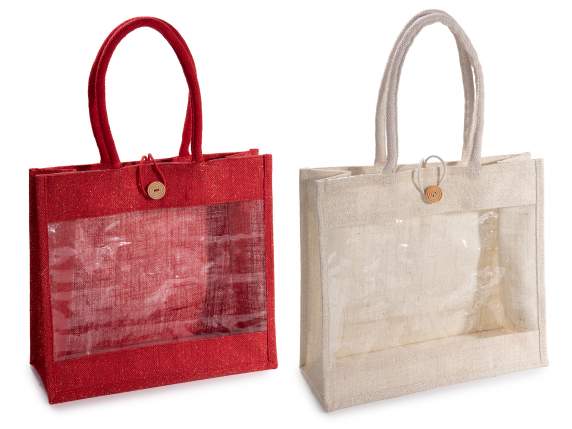Bolsa de yute con lurex dorado, ventana, asas y botón.