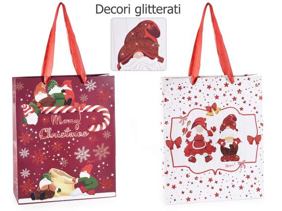 Bolsa-sobre papel grande gnomos navideños con brillantina