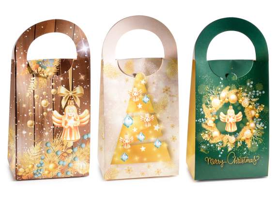 Caja bolsa de papel con asa y estampado navideño