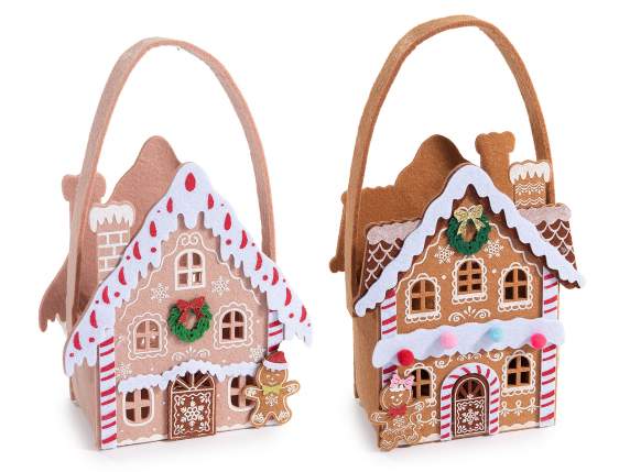 Bolsa de tela forma de casa navideña con adornos en relieve