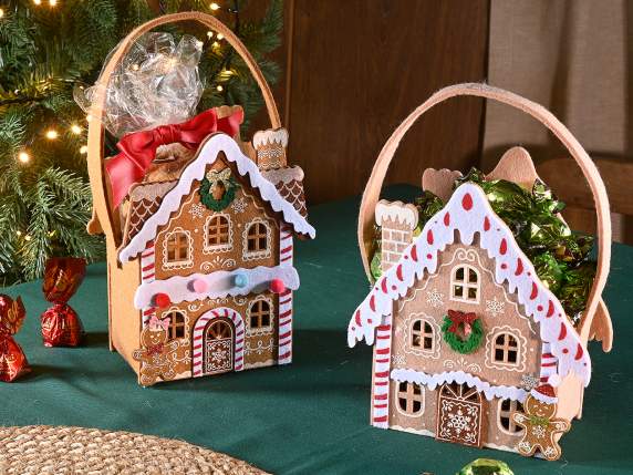 Bolsa de tela forma de casa navideña con adornos en relieve
