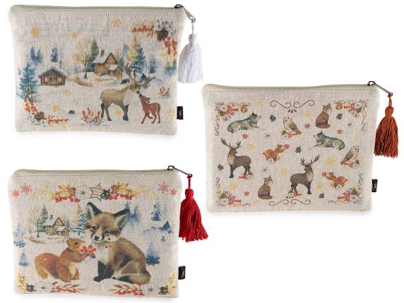 Bolso de mano de tela con estampado animal y borla