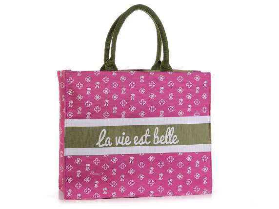 Bolso tote de tela La vie est belle con asas y cierre de cre