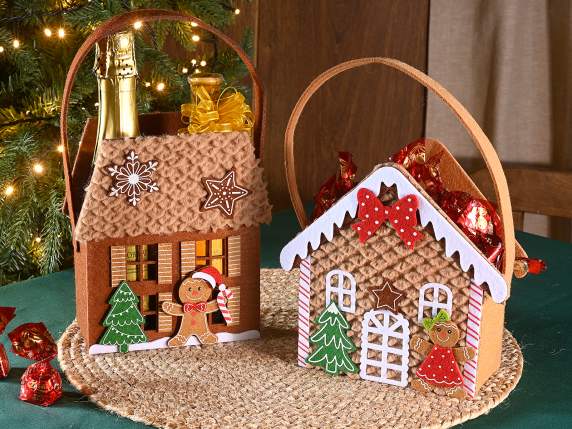 Bolsa tela navideña forma de casa y decoración en relieve