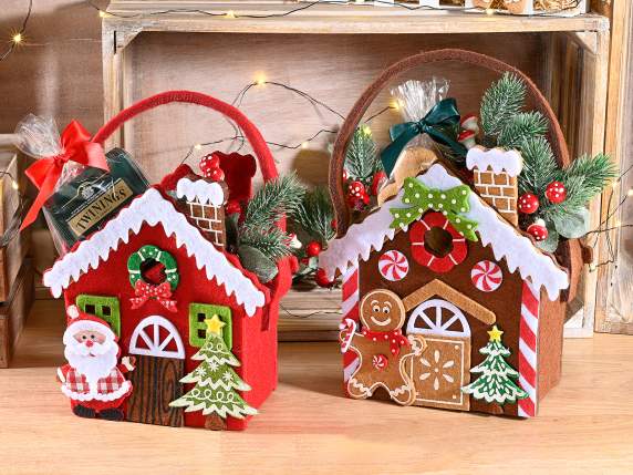 Bolsa de tela forma de casa y adornos navideños en relieve