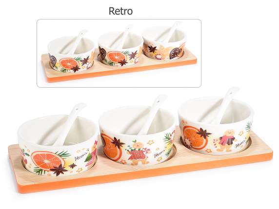 Set aperitiv cu 3 cesti ceramice pe tava din lemn