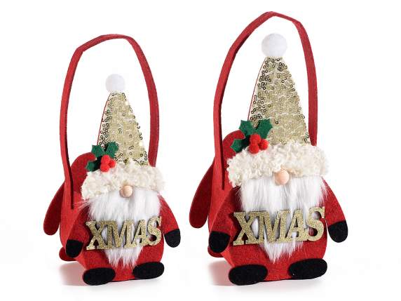 Set 2 borsette Babbo Natale in panno c-paillettes e scritta