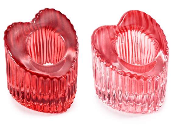 Bougeoir en forme de coeur en verre coloré moleté