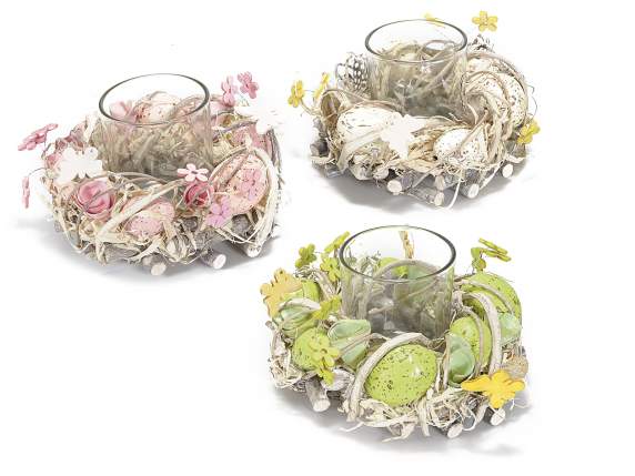 Centre de table avec bâtons et bougeoir en verre