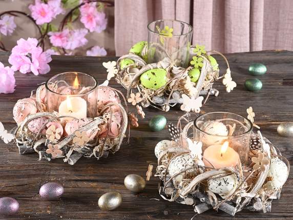 Centre de table avec bâtons et bougeoir en verre