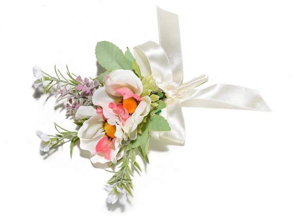 Bouquet d'anémone et fleurs artificielles avec noeud en sati