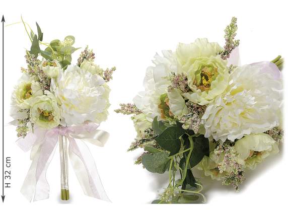 Bouquet di peonie, camelie, fiori c/nastri in organza e raso