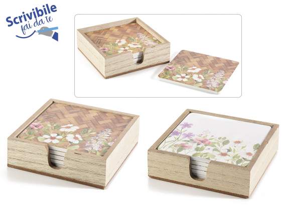 Box w / 6 wooden coasters w / floral decorations