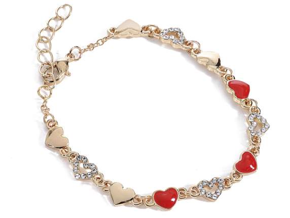 Bracelet en métal avec coeurs laqués et strass, avec carte