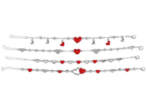 Bracelet en métal avec coeurs laqués et strass, avec carte