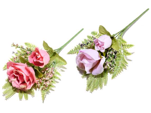 Branche de rose artificielle avec bourgeon et petites fleurs