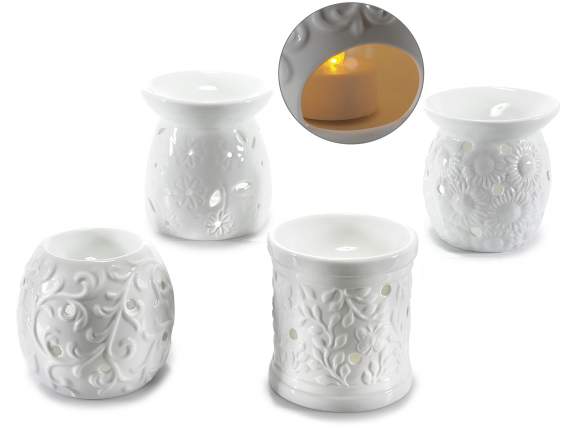 Brûle-essence en céramique blanche avec décorations relief