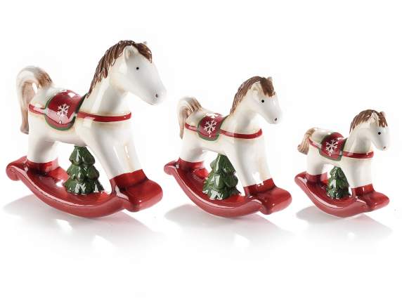 Set 3 caballos balancín de cerámica con árbol para apoyar