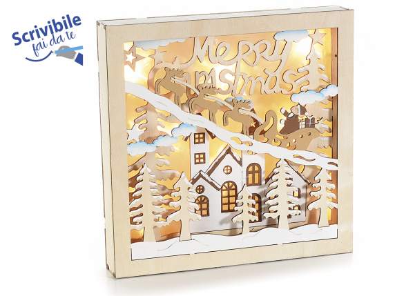 Cadre en bois avec paysage de Noël et lumières LED blanc cha
