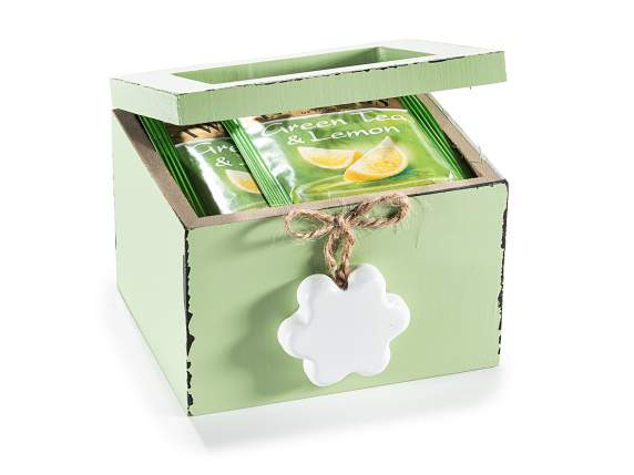 Caja té y especias madera y vidrio con colgante de flor