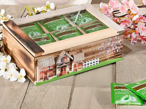 Caja madera y vidrio para té y especias, 6 compartimenetos