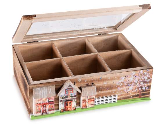 Caja madera y vidrio para té y especias, 6 compartimenetos