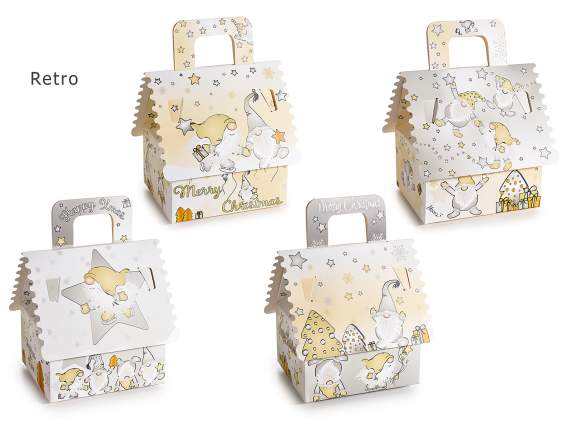 Caja papel forma de casa estampado de gnomos y estrellas