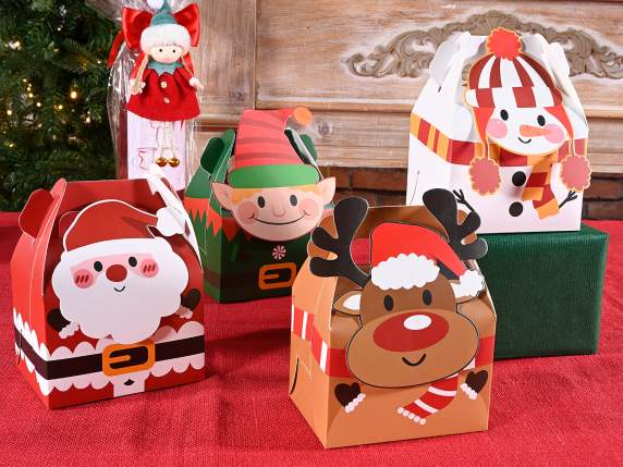 Caja de papel con personaje navideño 3D y asa